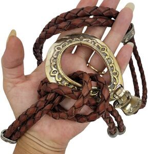 Vtg 90's Belt Leather Rare Bolo Braided Tie Ornate‎ Silver Buckle Brown Sz M
